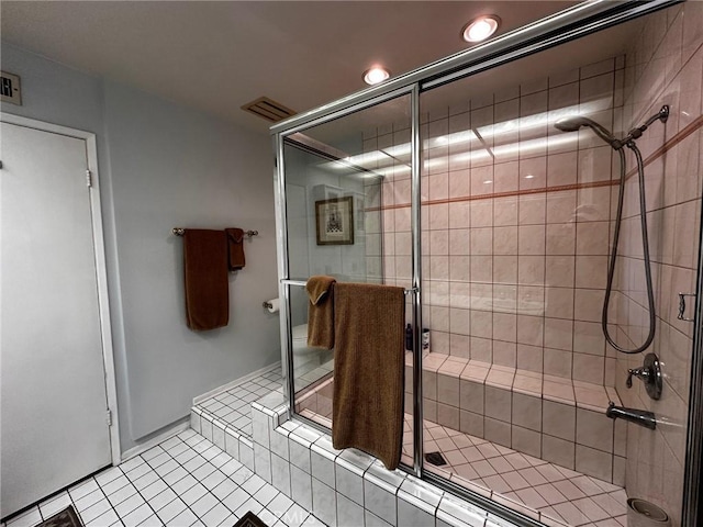 19628 Pine Valley Ave, Porter Ranch, CA 91326 - bathroom featuring tile patterned floors, a stall shower, and recessed lighting