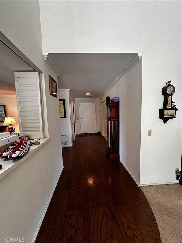 19628 Pine Valley Ave, Porter Ranch, CA 91326 - hall featuring ornamental molding, baseboards, and wood finished floors