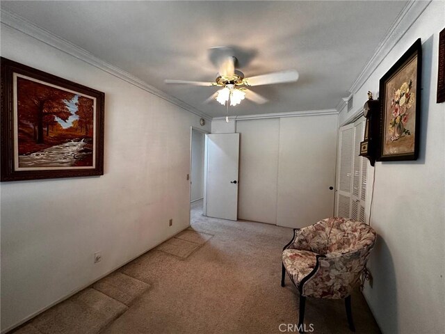 19628 Pine Valley Ave, Porter Ranch, CA 91326 - sitting room with ceiling fan, carpet flooring, and crown molding