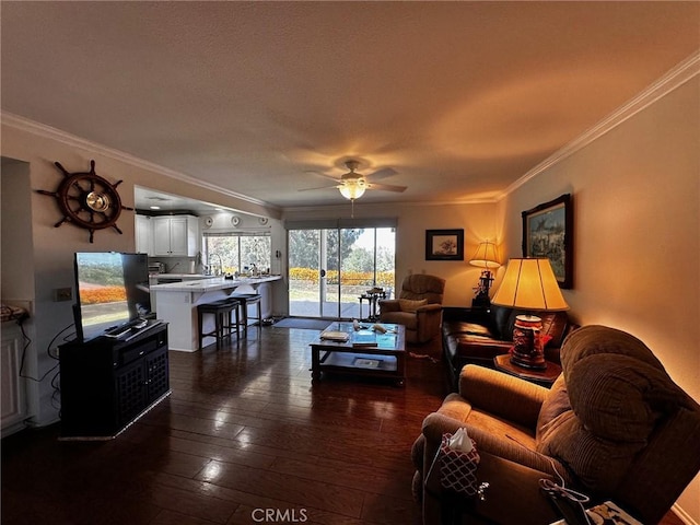 19628 Pine Valley Ave, Porter Ranch, CA 91326 - living room featuring ornamental molding, dark wood-style floors, and a ceiling fan