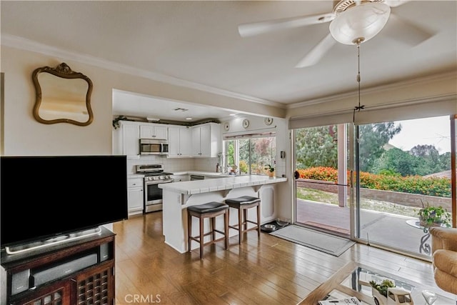 19628 Pine Valley Ave, Porter Ranch, CA 91326 - kitchen featuring stainless steel appliances, a peninsula, ornamental molding, wood finished floors, and white cabinetry