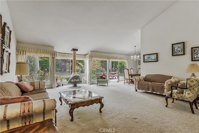 19628 Pine Valley Ave, Porter Ranch, CA 91326 - carpeted living room with a chandelier, healthy amount of natural light, and a wood stove