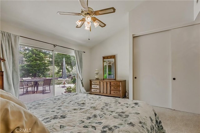 19628 Pine Valley Ave, Porter Ranch, CA 91326 - carpeted bedroom with access to outside, lofted ceiling, a closet, and ceiling fan