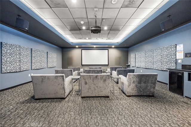 1100 Wilshire Blvd Unit 3005, Los Angeles, CA 90017 - cinema room with carpet flooring, a tray ceiling, baseboards, and a drop ceiling