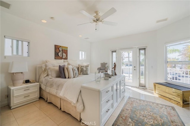 428 12th St, Huntington Beach, CA 92648 - bedroom with access to outside, multiple windows, light tile patterned floors, recessed lighting, and a ceiling fan