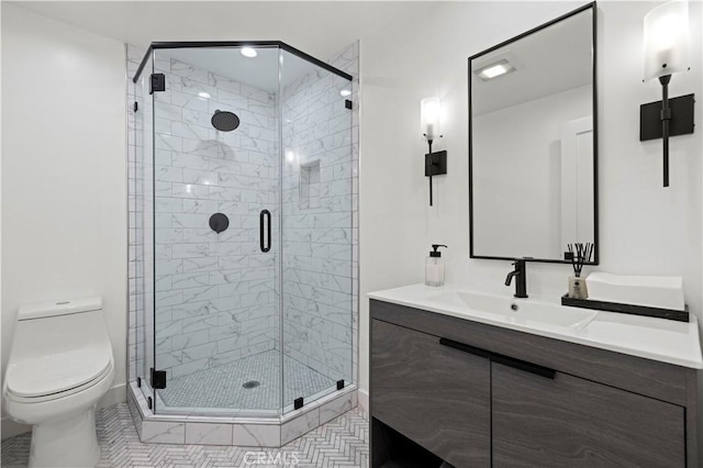 2048 W Kenneth Rd, Glendale, CA 91201 - bathroom with toilet, a shower stall, vanity, and tile patterned floors