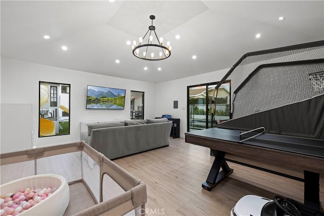 2048 W Kenneth Rd, Glendale, CA 91201 - playroom featuring recessed lighting, a chandelier, wood finished floors, and vaulted ceiling