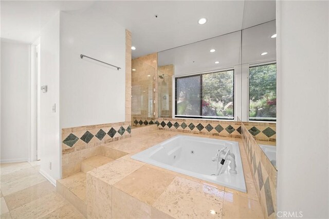 9314 Stevens Way, West Hills, CA 91304 - full bathroom featuring a tub with jets, recessed lighting, and a tile shower