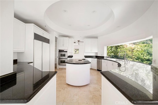 9314 Stevens Way, West Hills, CA 91304 - kitchen with appliances with stainless steel finishes, a sink, white cabinets, and a tray ceiling