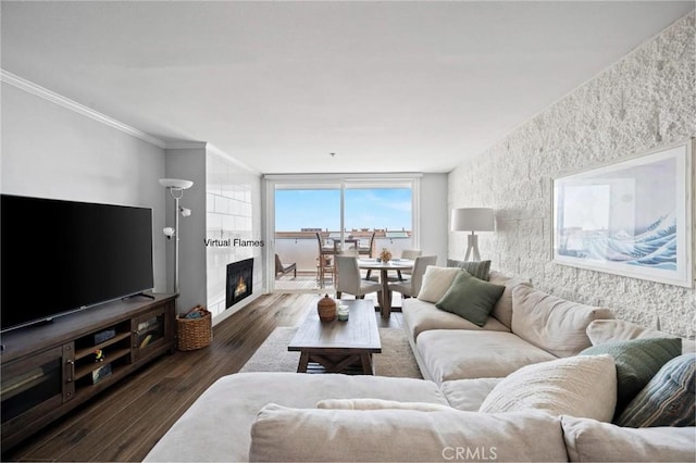615 Esplanade Unit 509, Redondo Beach, CA 90277 - living room with hardwood / wood-style floors, crown molding, and a fireplace