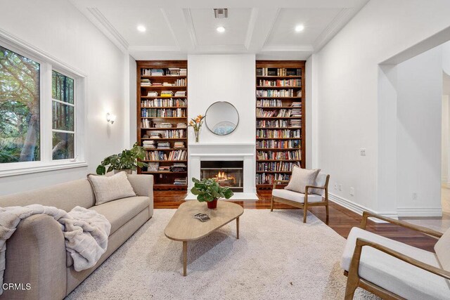 12986 Macdonald Dr, Ojai, CA 93023 - living room featuring built in features, coffered ceiling, wood finished floors, recessed lighting, and beamed ceiling