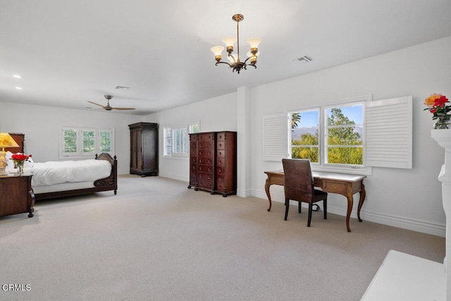12986 Macdonald Dr, Ojai, CA 93023 - bedroom featuring carpet, baseboards, a chandelier, and a ceiling fan