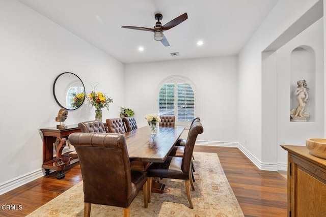 12986 Macdonald Dr, Ojai, CA 93023 - dining space with dark wood-style floors, a ceiling fan, recessed lighting, and baseboards