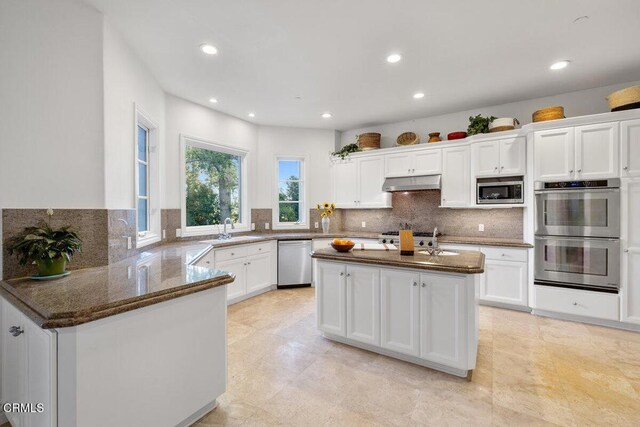 12986 Macdonald Dr, Ojai, CA 93023 - kitchen with appliances with stainless steel finishes, under cabinet range hood, decorative backsplash, dark stone countertops, and recessed lighting
