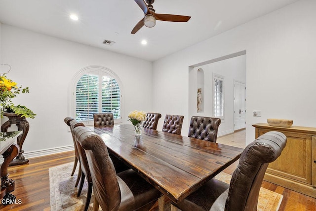 12986 Macdonald Dr, Ojai, CA 93023 - dining room with a ceiling fan, light wood-style flooring, recessed lighting, and baseboards