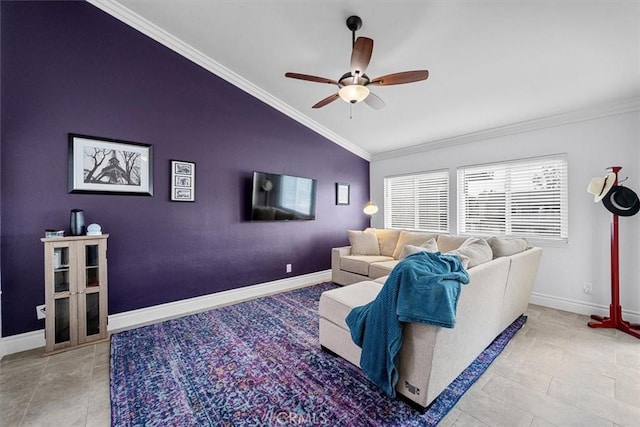 3936 W 5th St Unit 44, Santa Ana, CA 92703 - tiled living room featuring vaulted ceiling, ceiling fan, crown molding, and baseboards