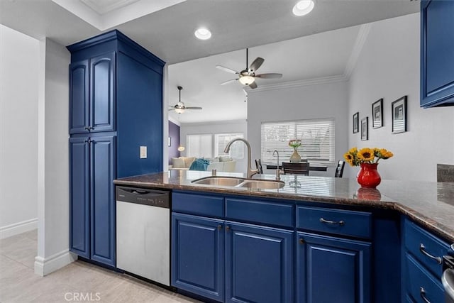 3936 W 5th St Unit 44, Santa Ana, CA 92703 - kitchen featuring dishwasher, a sink, blue cabinetry, ornamental molding, and recessed lighting