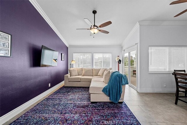 3936 W 5th St Unit 44, Santa Ana, CA 92703 - tiled living area featuring a ceiling fan, crown molding, and baseboards
