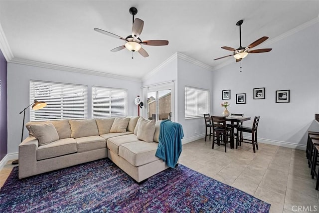 3936 W 5th St Unit 44, Santa Ana, CA 92703 - living room with ceiling fan, vaulted ceiling, plenty of natural light, baseboards, and ornamental molding