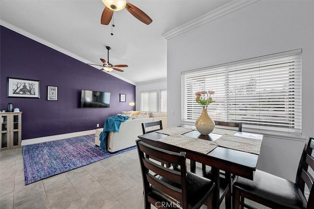 3936 W 5th St Unit 44, Santa Ana, CA 92703 - dining space with ceiling fan, lofted ceiling, crown molding, light tile patterned flooring, and baseboards