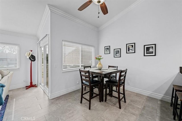 3936 W 5th St Unit 44, Santa Ana, CA 92703 - dining space featuring baseboards, ceiling fan, ornamental molding, and vaulted ceiling