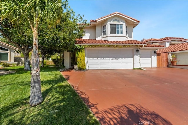 23838 Spring Branch Ct, Murrieta, CA 92562 - mediterranean / spanish-style home with stucco siding, a tiled roof, concrete driveway, a front yard, and a garage
