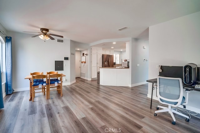 10025 Thornbird Ct, Moreno Valley, CA 92557 - office space with a ceiling fan, wood finished floors, baseboards, and recessed lighting