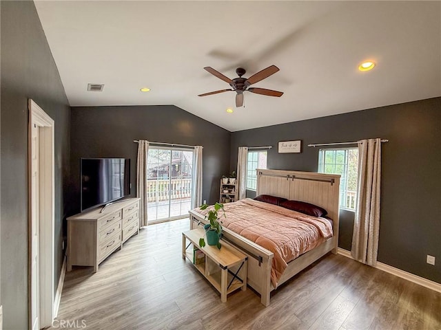 8921 Deer Trl, Frazier Park, CA 93225 - bedroom featuring access to outside, lofted ceiling, light wood-type flooring, baseboards, and ceiling fan