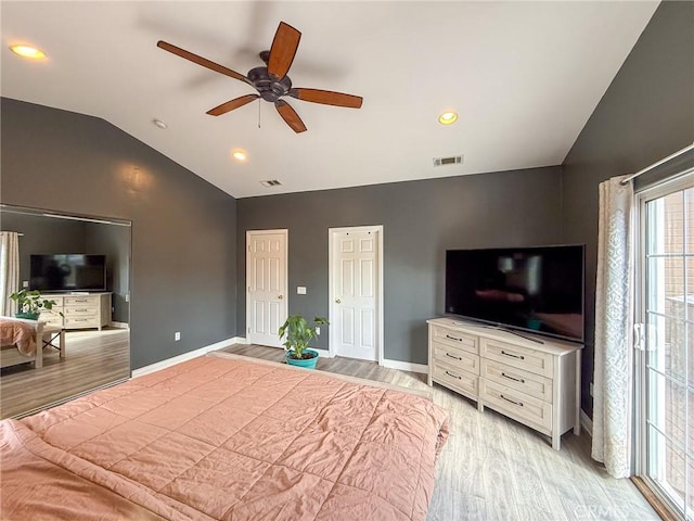 8921 Deer Trl, Frazier Park, CA 93225 - bedroom with light wood finished floors, baseboards, two closets, recessed lighting, and a ceiling fan