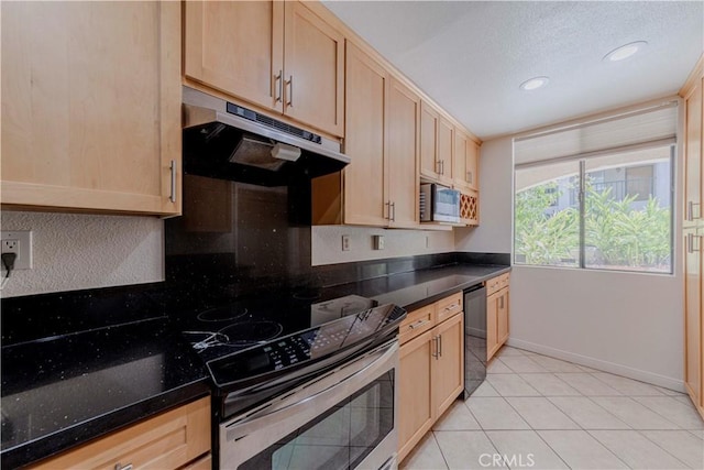 4200 Via Arbolada Unit 123, Los Angeles, CA 90042 - kitchen with under cabinet range hood, stainless steel appliances, light brown cabinets, baseboards, and recessed lighting