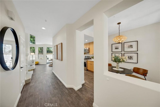 13385 Savanna, Tustin, CA 92782 - corridor with dark wood-type flooring, a chandelier, baseboards, and recessed lighting