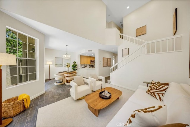 13385 Savanna, Tustin, CA 92782 - living room with stairs, baseboards, wood finished floors, a chandelier, and recessed lighting