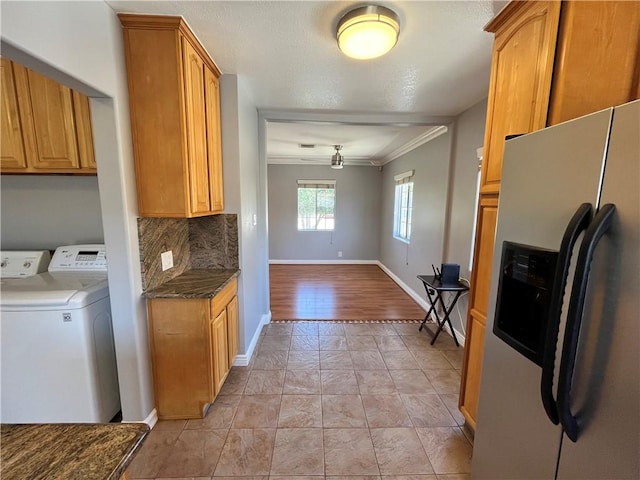 136 S Fircroft St, West Covina, CA 91791 - kitchen with stainless steel fridge with ice dispenser, independent washer and dryer, ornamental molding, baseboards, and decorative backsplash