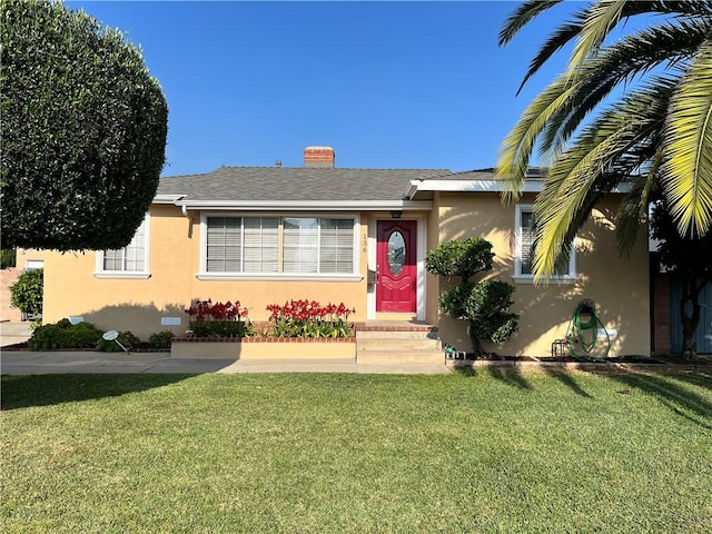136 S Fircroft St, West Covina, CA 91791 - ranch-style house with stucco siding, a front yard, and a chimney