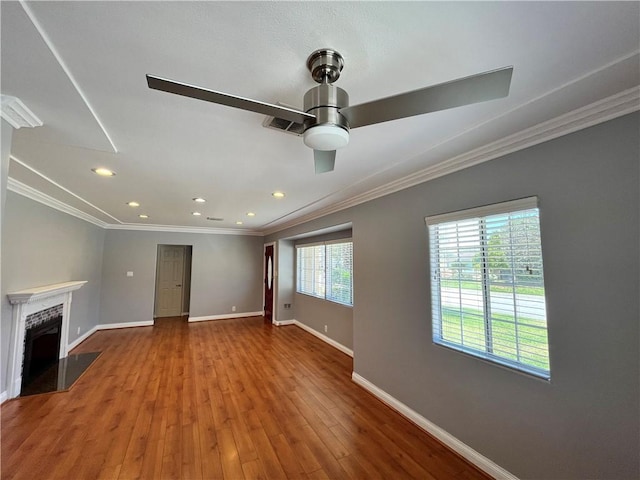 136 S Fircroft St, West Covina, CA 91791 - unfurnished living room with baseboards, ornamental molding, a ceiling fan, wood finished floors, and recessed lighting