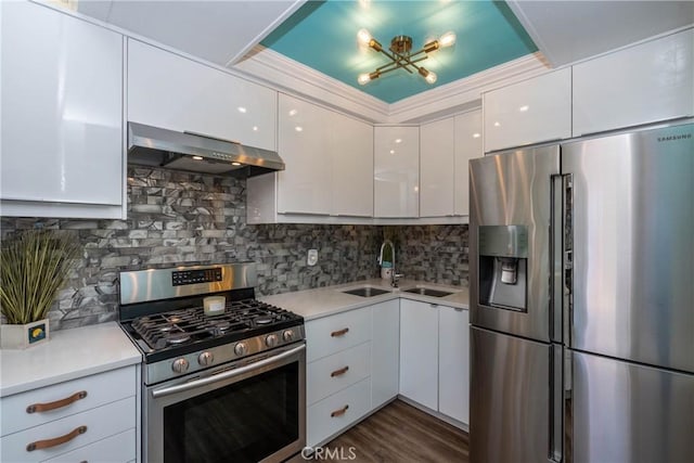 17072 Pacific Coast Unit 202, Huntington Beach, CA 92649 - kitchen featuring stainless steel appliances, ventilation hood, modern cabinets, white cabinetry, and light countertops