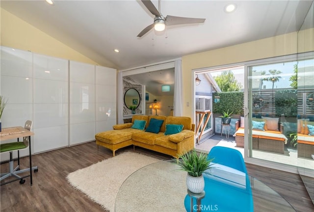 17072 Pacific Coast Unit 202, Huntington Beach, CA 92649 - living room featuring vaulted ceiling, wood finished floors, ceiling fan, and recessed lighting