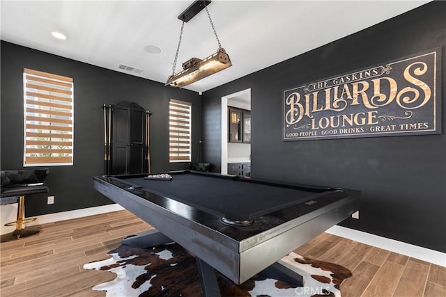 rec room featuring wood finished floors, pool table, baseboards, and recessed lighting