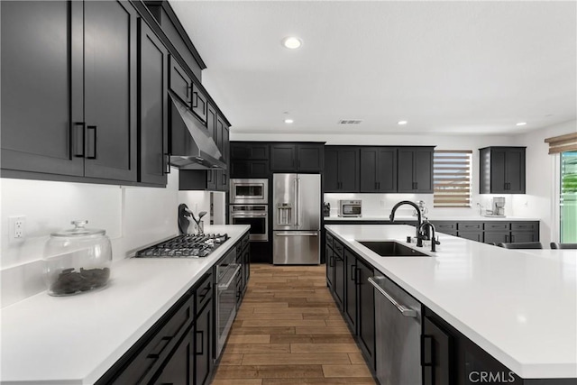 39494 Sagewood Rdg, Temecula, CA 92591 - kitchen with appliances with stainless steel finishes, a sink, under cabinet range hood, light countertops, and wood finished floors