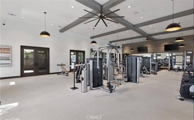 workout area featuring french doors, beamed ceiling, carpet, recessed lighting, and baseboards