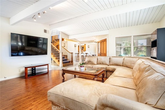321 13th St, Huntington Beach, CA 92648 - living area with wood finished floors, stairs, baseboards, and wood ceiling