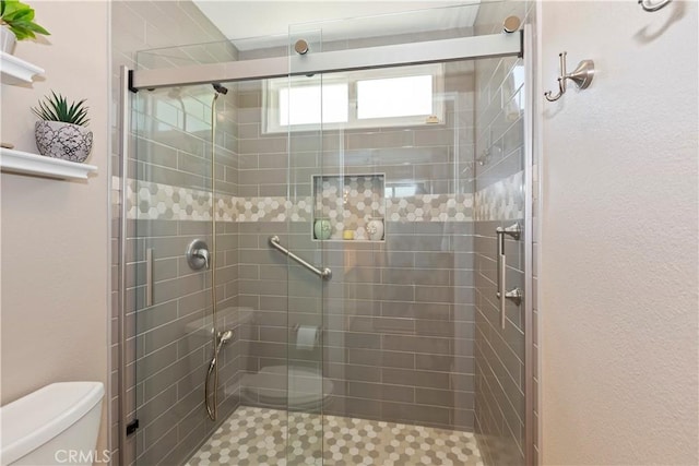 bathroom with toilet and a shower stall