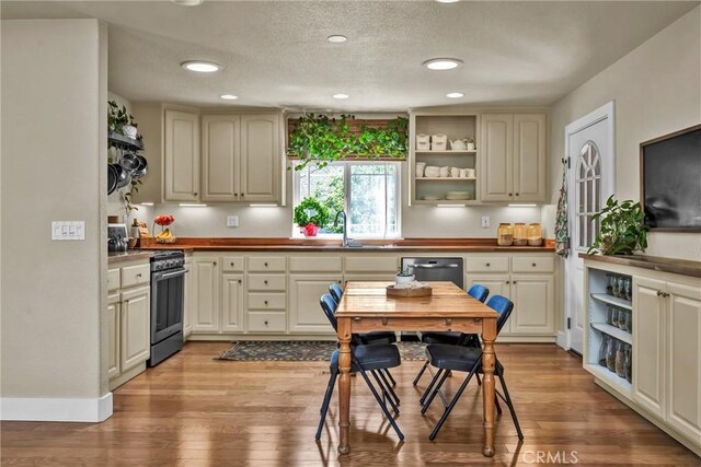 21425 Valley Oak Dr, Middletown, CA 95461 - kitchen with stainless steel appliances, a sink, recessed lighting, open shelves, and light wood finished floors