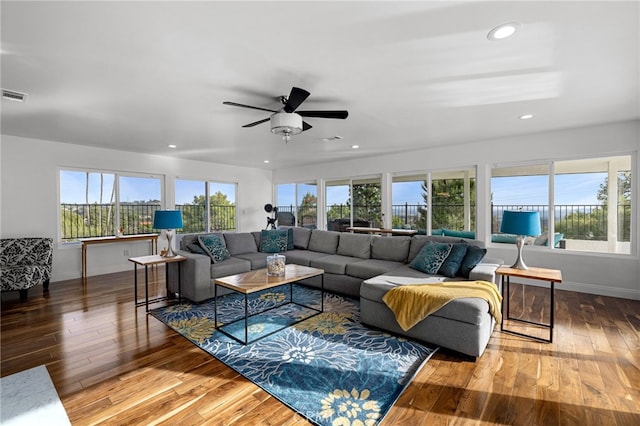 5150 Mountain Springs Ranch Rd, La Verne, CA 91750 - living room featuring hardwood / wood-style flooring, healthy amount of natural light, recessed lighting, ceiling fan, and baseboards