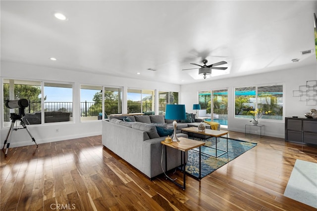 5150 Mountain Springs Ranch Rd, La Verne, CA 91750 - living room with hardwood / wood-style flooring, ceiling fan, baseboards, and recessed lighting
