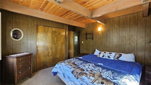 25 Manzanita, Running Springs, CA 92382 - bedroom with beamed ceiling, wood walls, wood ceiling, and carpet flooring
