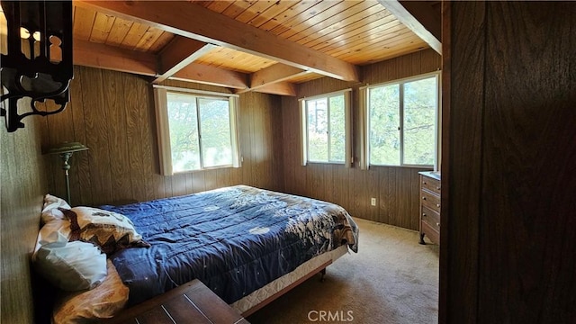 25 Manzanita, Running Springs, CA 92382 - bedroom with carpet floors, wood walls, beam ceiling, and wooden ceiling