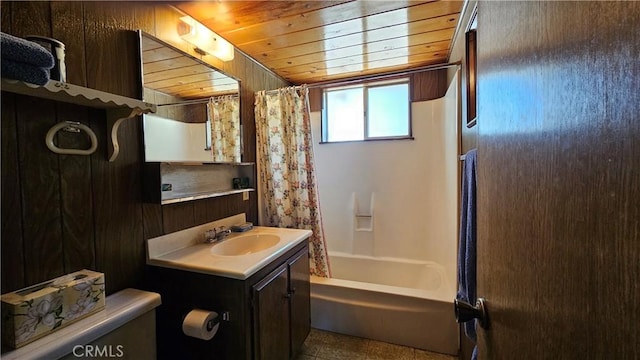 25 Manzanita, Running Springs, CA 92382 - bathroom featuring wood ceiling, vanity, toilet, and shower / tub combo