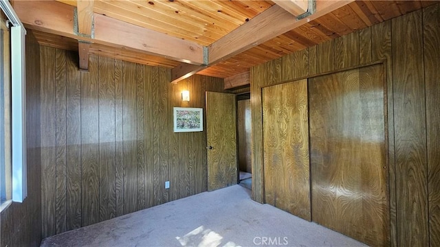25 Manzanita, Running Springs, CA 92382 - unfurnished bedroom featuring wooden walls, carpet, and wooden ceiling