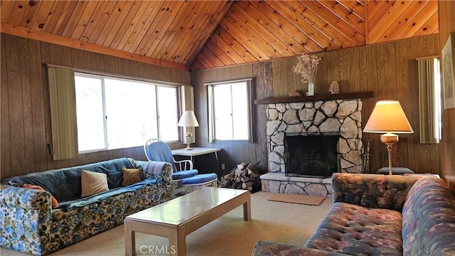 25 Manzanita, Running Springs, CA 92382 - carpeted living room with wooden ceiling, lofted ceiling, wooden walls, and a stone fireplace